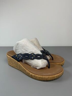 SKECHERS Womens Arch Fit Slide Flip Flop Sandal Blue Wedge Heel See Note